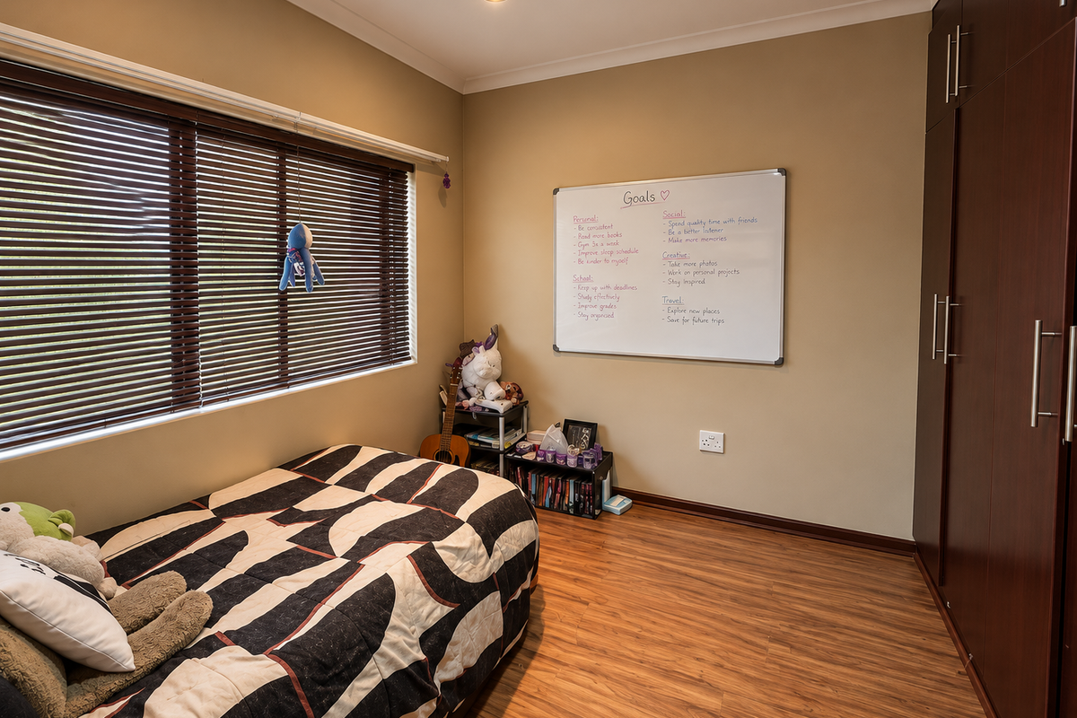 A well-maintained bedroom featuring laminate flooring, recessed downlighting, built-in dark wood cupboards, and venetian blinds.