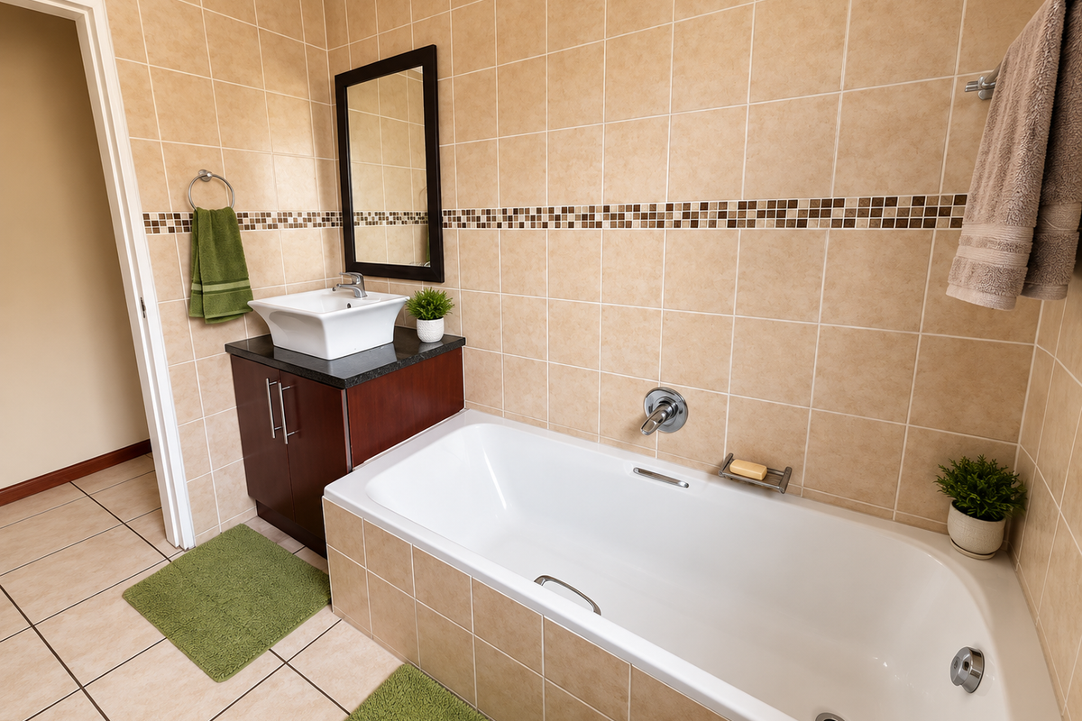 A clean bathroom featuring a built-in vanity with a vessel sink, a standard bathtub with wall-mounted fixtures, and neutral wall and floor tiling.