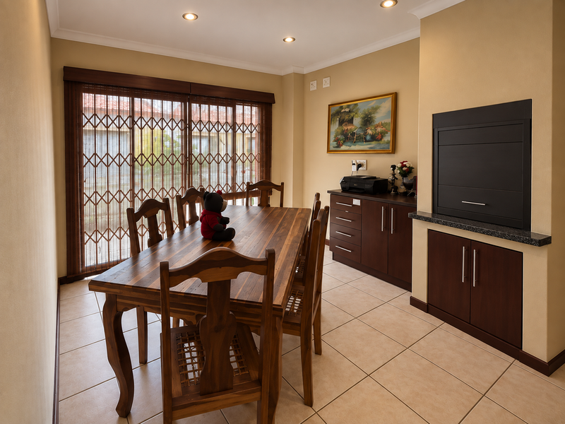 Dining room featuring tiled flooring, recessed downlights, built-in cabinetry, and a built-in braai, with access to the exterior via a sliding door.