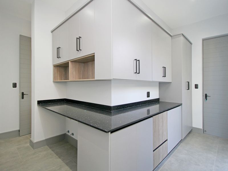 A modern, well-appointed scullery featuring sleek built-in cabinetry, stone countertops, and dedicated plumbing connections for laundry or kitchen utility use.