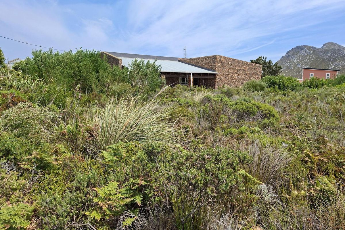 A view of a residential property featuring a brick exterior structure set within a natural, overgrown landscape with mountain views in the background.