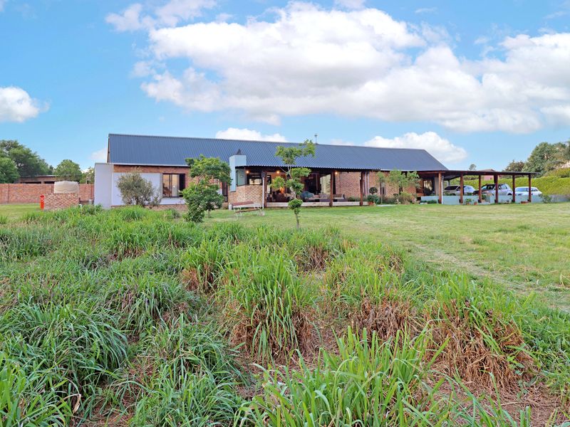 Rear view of a single-story brick house featuring a corrugated metal roof, a covered patio area, and a spacious garden.