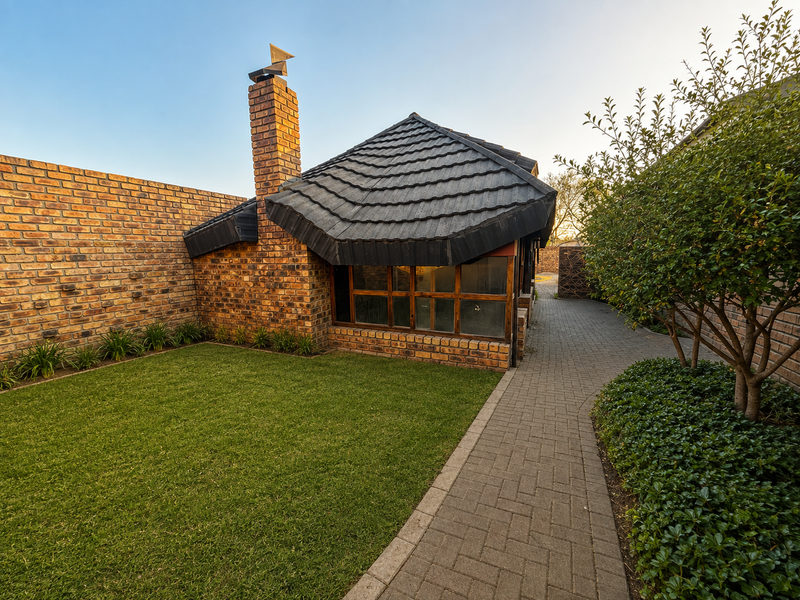 A well-maintained rear garden area featuring a brick chimney, tiled roof structure, paved walkway, and established lawn with boundary walling.