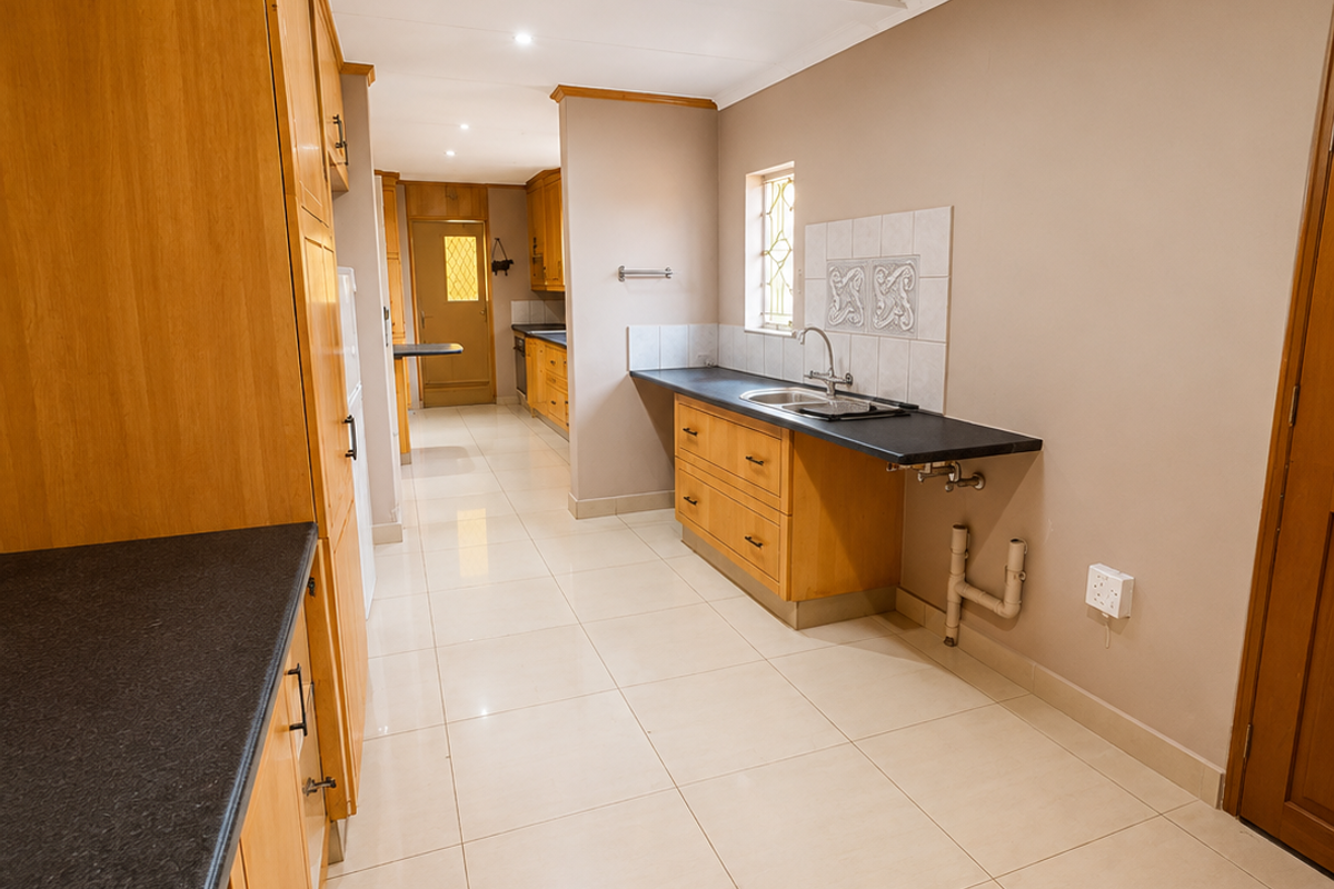 A spacious kitchen featuring wooden cabinetry, dark countertops, tiled flooring, and a skylight, offering a functional layout with potential for modern updates.