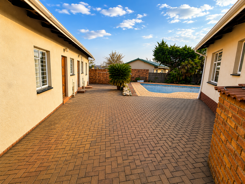 Spacious paved courtyard area featuring a swimming pool, brick boundary walls, and direct access to the main house structure.