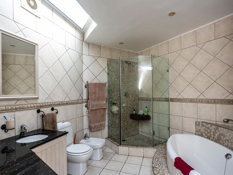 A well-lit bathroom featuring a corner shower with pebble detailing, a built-in bathtub, a bidet, and a vanity with a granite countertop under a skylight.