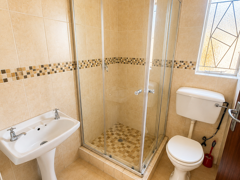 A functional bathroom featuring a pedestal basin, a corner shower enclosure with glass doors, and a standard toilet, finished with neutral wall and floor tiles.