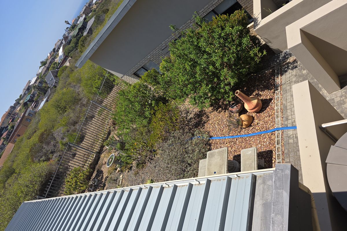 An elevated view looking down onto a landscaped garden area with gravel surfacing, established shrubs, and paved sections adjacent to the building structure.