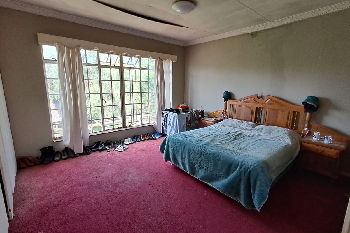Spacious bedroom featuring large steel-framed windows, built-in cupboards, and coved ceiling cornices, currently requiring significant cosmetic updates and flooring replacement.
