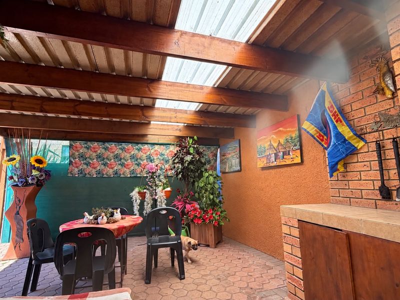 Covered outdoor patio featuring a timber pergola with translucent roofing, face brick walls, and a built-in braai area, perfect for outdoor entertaining.