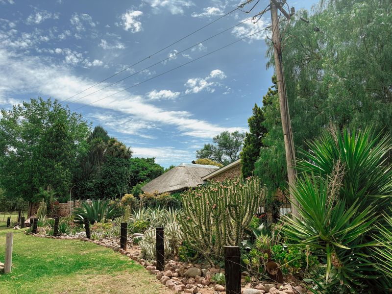 A view of the property exterior featuring a landscaped garden with mature succulents and a traditional thatched roof structure in the background.