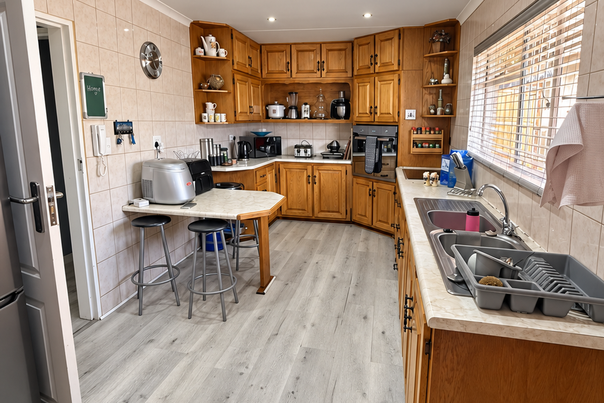 A functional kitchen featuring wooden cabinetry, laminate countertops, a double stainless steel sink, and modern vinyl flooring with recessed lighting.