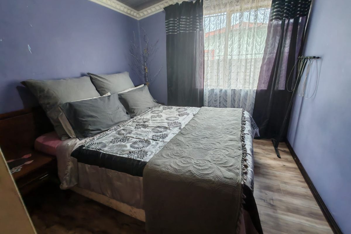 A bedroom featuring laminate flooring, a timber ceiling with decorative cornice, and purple-painted walls.