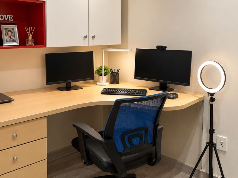 A functional home office space featuring a built-in corner desk with integrated storage cabinetry and wall-mounted shelving.