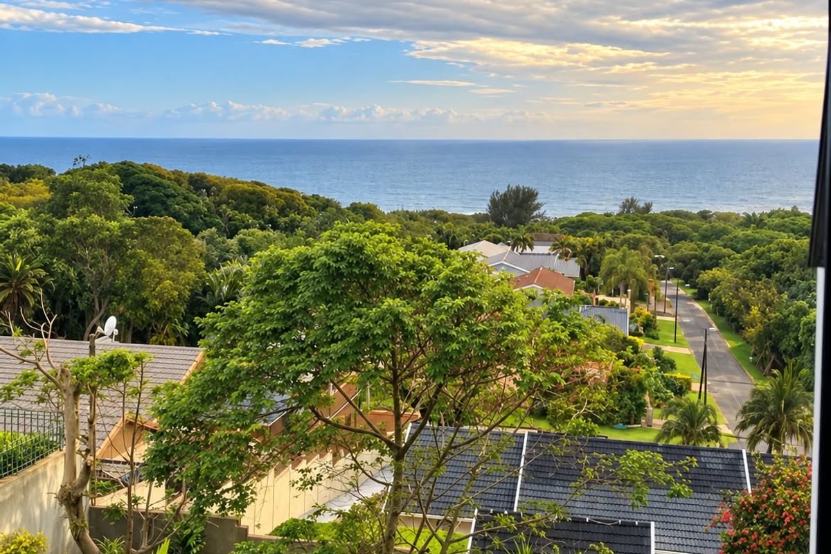A scenic elevated view overlooking the lush coastal landscape, residential neighborhood, and the ocean horizon under a cloudy sky.
