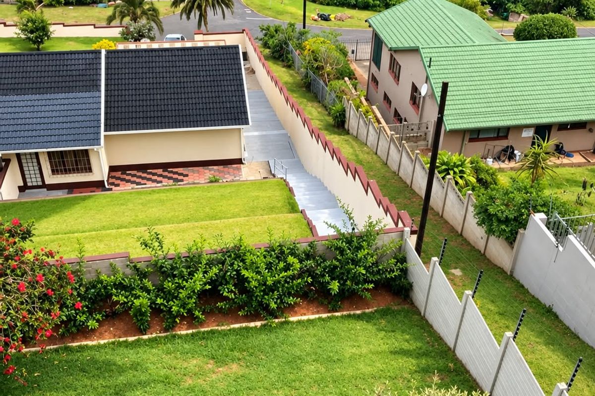 Aerial view of the property grounds, featuring a well-maintained lawn, boundary walls with electric fencing, and paved access paths within a residential neighborhood.