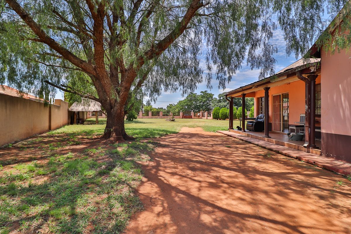Spacious rear garden featuring a large mature tree, a covered patio area, and perimeter walling, offering significant potential for landscaping and outdoor living.
