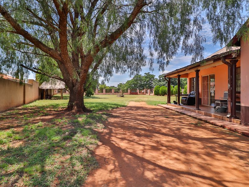 Spacious rear garden featuring a large mature tree, a covered patio area, and perimeter walling, offering significant potential for landscaping and outdoor living.