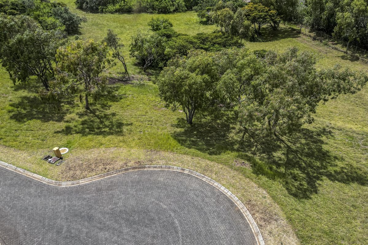 An aerial view of a vacant residential plot featuring established trees, grassed terrain, and a paved driveway access point.