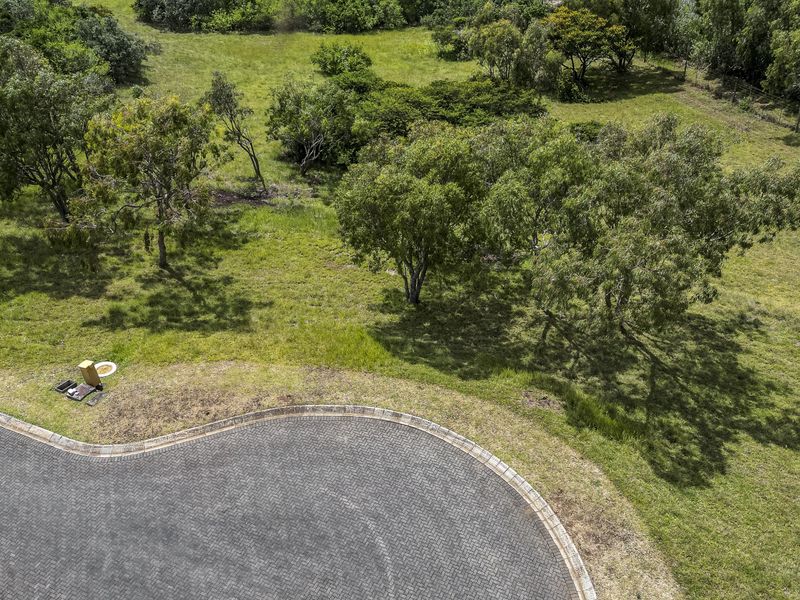 An aerial view of a vacant residential plot featuring established trees, grassed terrain, and a paved driveway access point.