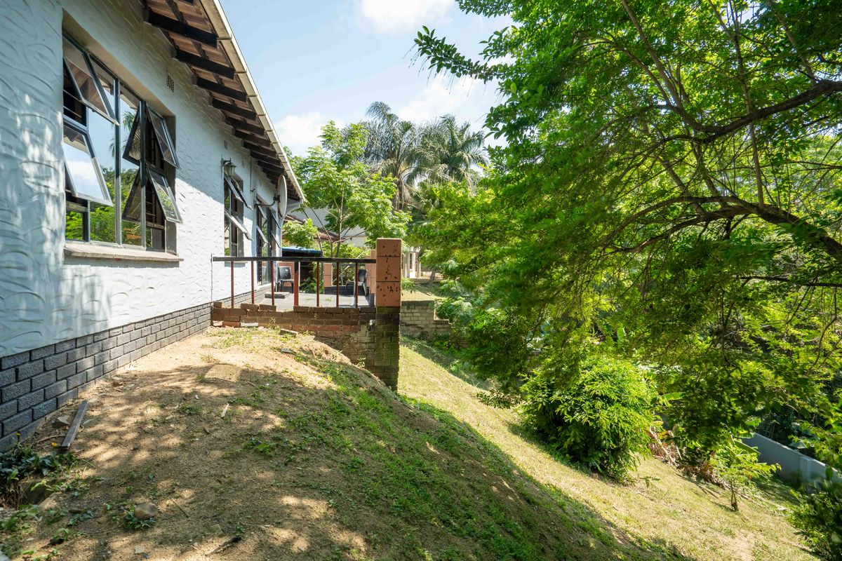 Rear view of the property featuring a raised patio area, textured exterior walls, and a sloped garden with mature trees.
