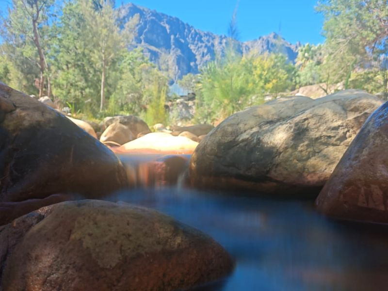 A scenic view of a natural stream flowing through rocky terrain with a mountain backdrop on the farm property.