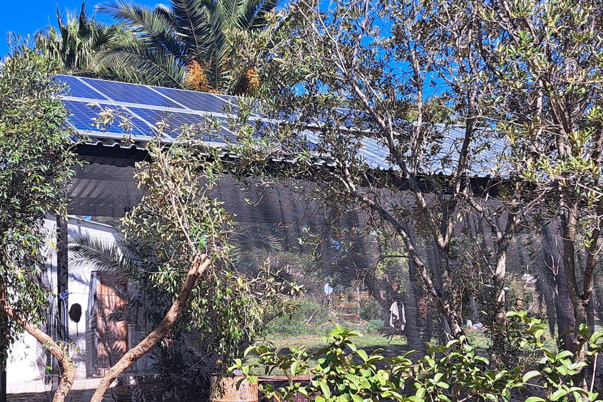 A functional outdoor structure featuring a roof-mounted solar panel array, situated within a landscaped garden setting on the farm property.