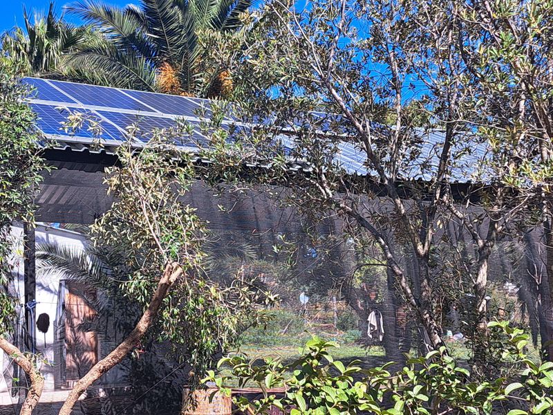 A functional outdoor structure featuring a roof-mounted solar panel array, situated within a landscaped garden setting on the farm property.