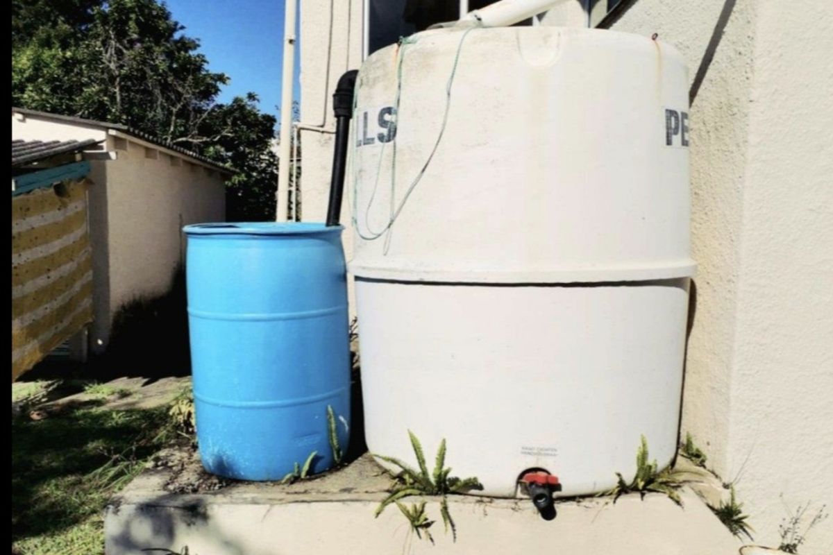 Exterior rear view showing a rainwater collection tank system installed on a concrete plinth against the side of the house.