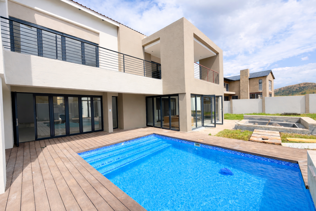 Modern double-story residence featuring a swimming pool, timber decking, and expansive glass stacker doors leading to an open-plan interior living space.