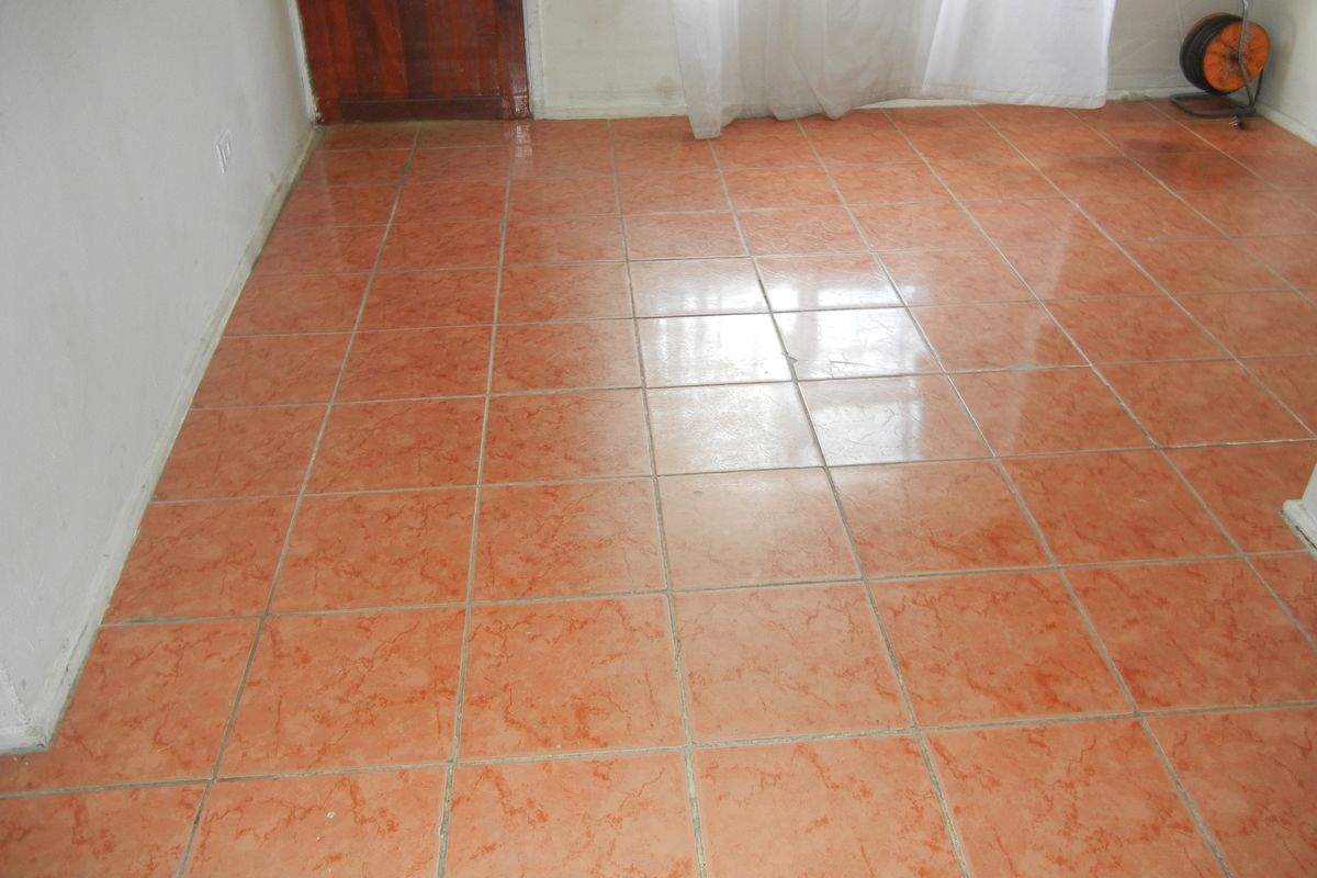 An empty living area featuring terracotta-style ceramic floor tiles and a wooden door, providing a blank canvas for interior updates.