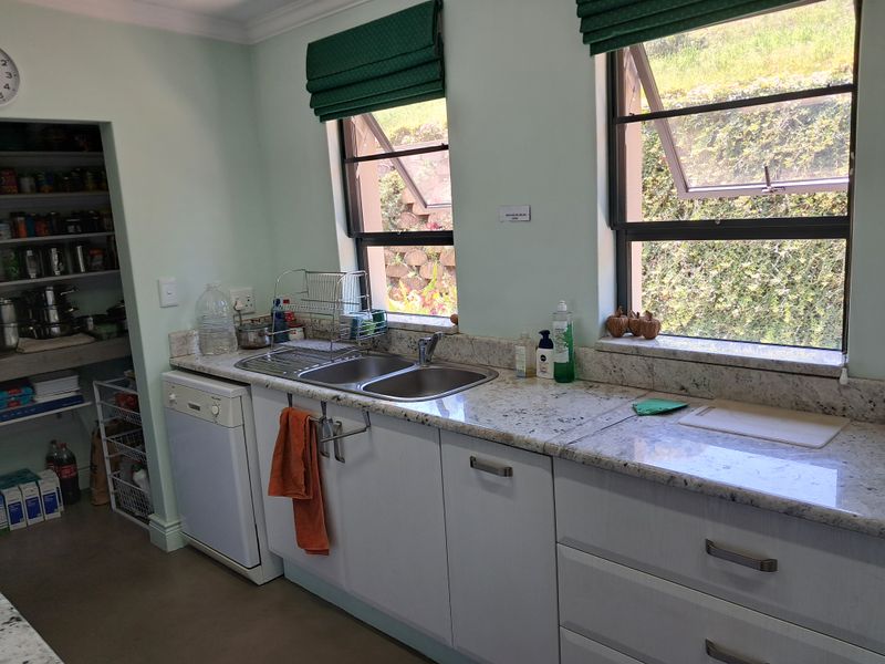 A functional scullery featuring granite countertops, a stainless steel double sink, built-in cabinetry, and an integrated dishwasher, with an adjacent walk-in pantry.