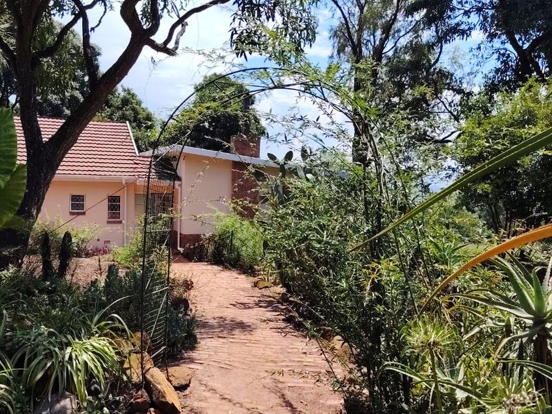 A scenic garden path featuring a metal archway leading towards the side elevation of a house with a tiled roof.