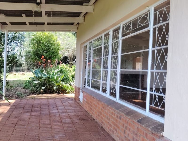 A covered outdoor patio featuring brick paving, exposed ceiling beams, and large windows with security bars, overlooking a garden area.