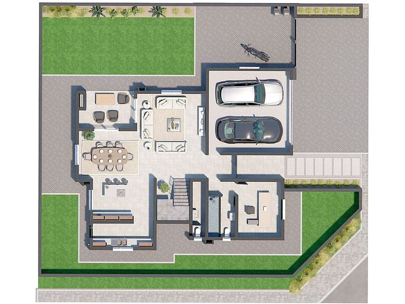 A detailed architectural floor plan showing the layout of the ground floor, including living areas, kitchen, double garage, and surrounding garden space.