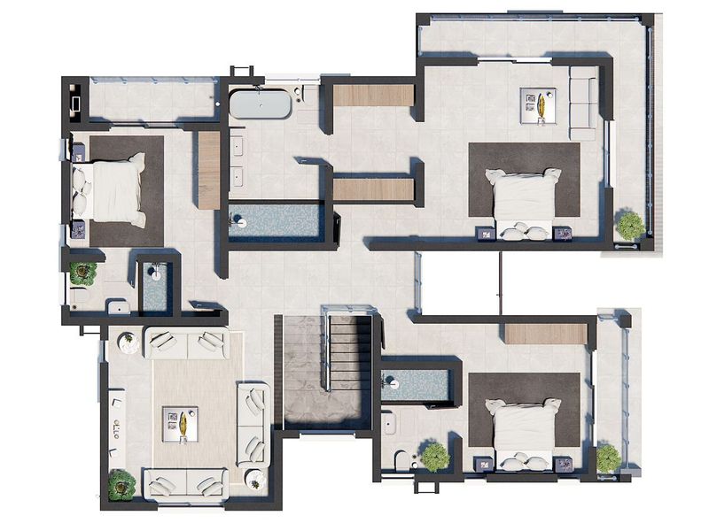 A detailed architectural floor plan showing the layout of a multi-bedroom residential property with balconies and bathrooms.