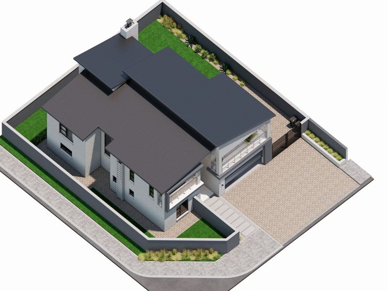 An aerial 3D render showing the property layout, including the roof structure, paved driveway, boundary walls, and surrounding garden areas.