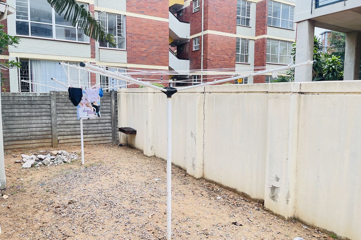 A rear outdoor area featuring a rotary clothesline, concrete boundary walls, and an unpaved ground surface in need of maintenance.