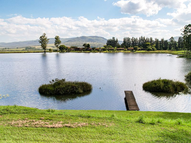 A scenic view of a tranquil lake featuring a small wooden jetty and natural island vegetation, set against a backdrop of rolling hills.