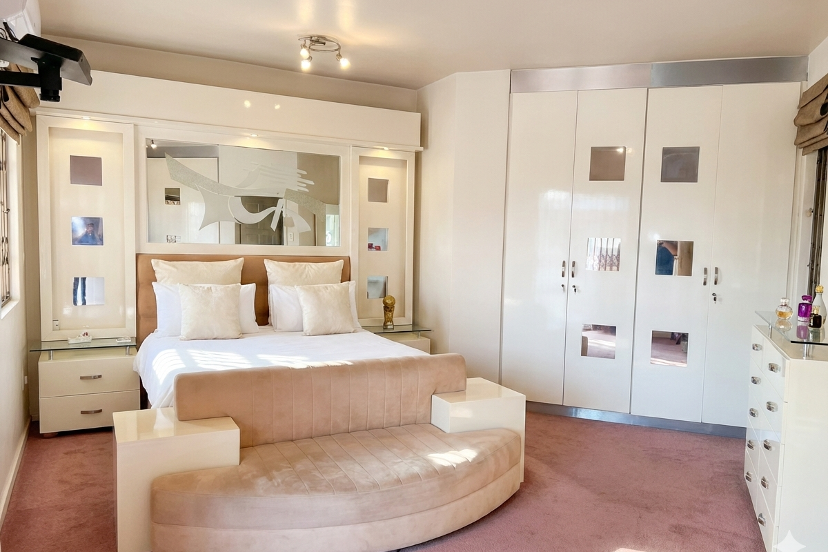 Spacious bedroom featuring extensive built-in cabinetry, integrated headboard with mirror detailing, and neutral carpeting.