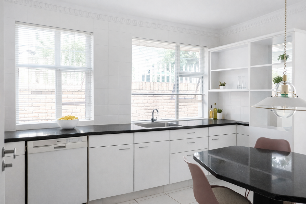 A bright, modern kitchen featuring white cabinetry, black granite countertops, integrated dishwasher, and built-in shelving with ample natural light.