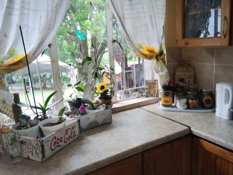 A kitchen corner featuring wooden cabinetry, a laminate countertop, and a tiled backsplash, with a window overlooking the garden.