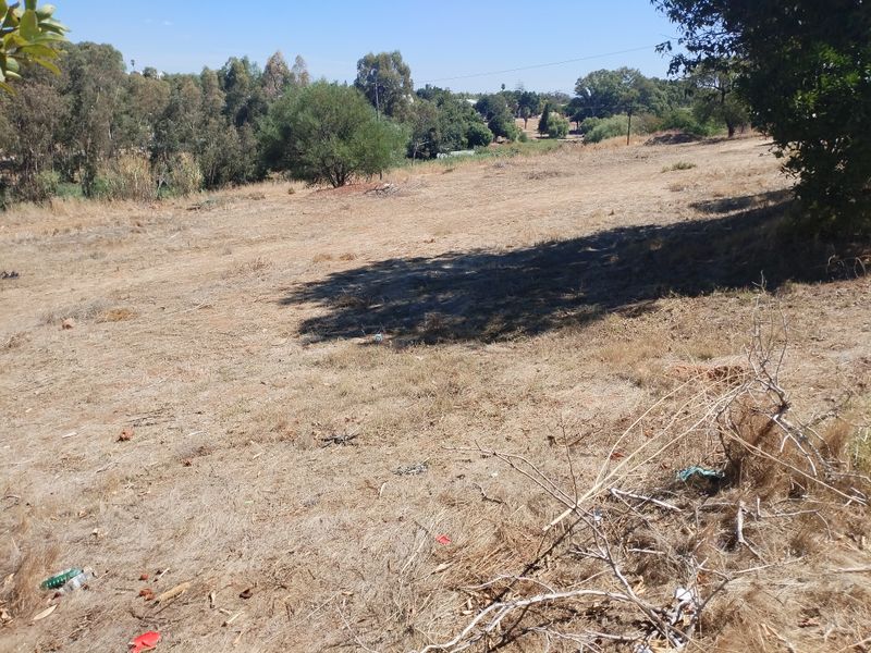 A view of a vacant residential plot featuring dry grass, mature trees, and a gentle slope, offering potential for future development.