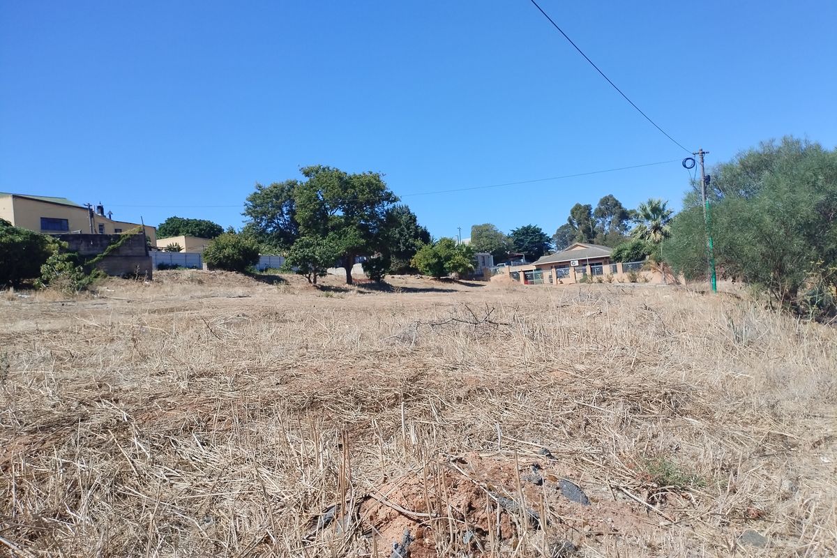 A view of a vacant residential plot featuring dry grass, mature trees, and surrounding neighborhood infrastructure under a clear blue sky.