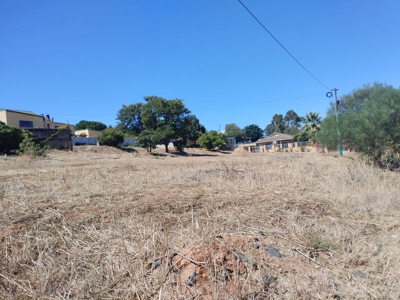 A view of a vacant residential plot featuring dry grass, mature trees, and surrounding neighborhood infrastructure under a clear blue sky.