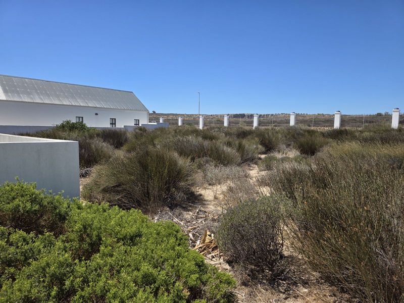 A view of the vacant residential land featuring native shrubbery, a perimeter fence with pillars, and an adjacent building structure.