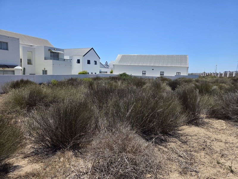 A vacant residential plot featuring sandy terrain and native shrubbery, bordered by a perimeter wall with neighboring residential properties in the background.