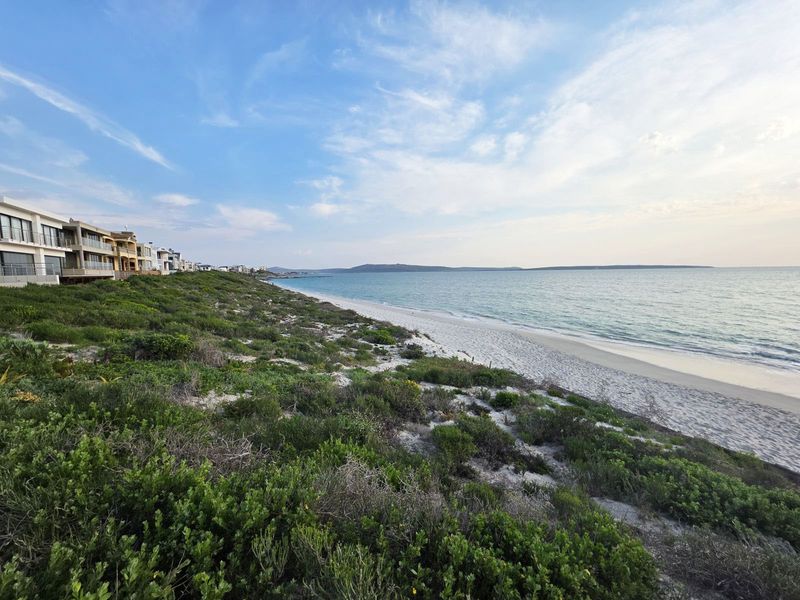 A scenic coastal view overlooking the sandy beach and ocean, showcasing the natural landscape and surrounding residential properties.
