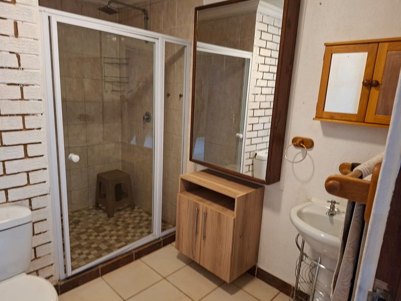 A functional bathroom featuring a glass-enclosed shower, pedestal basin, vanity cabinet, and wall-mounted mirror with tiled finishes throughout.