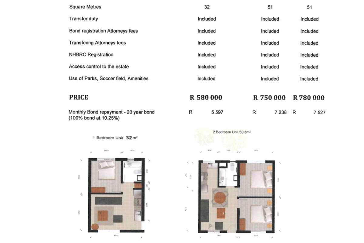 A price list and floor plan layout for sectional title flats at Capital Hill Estate, detailing unit sizes and financial information.